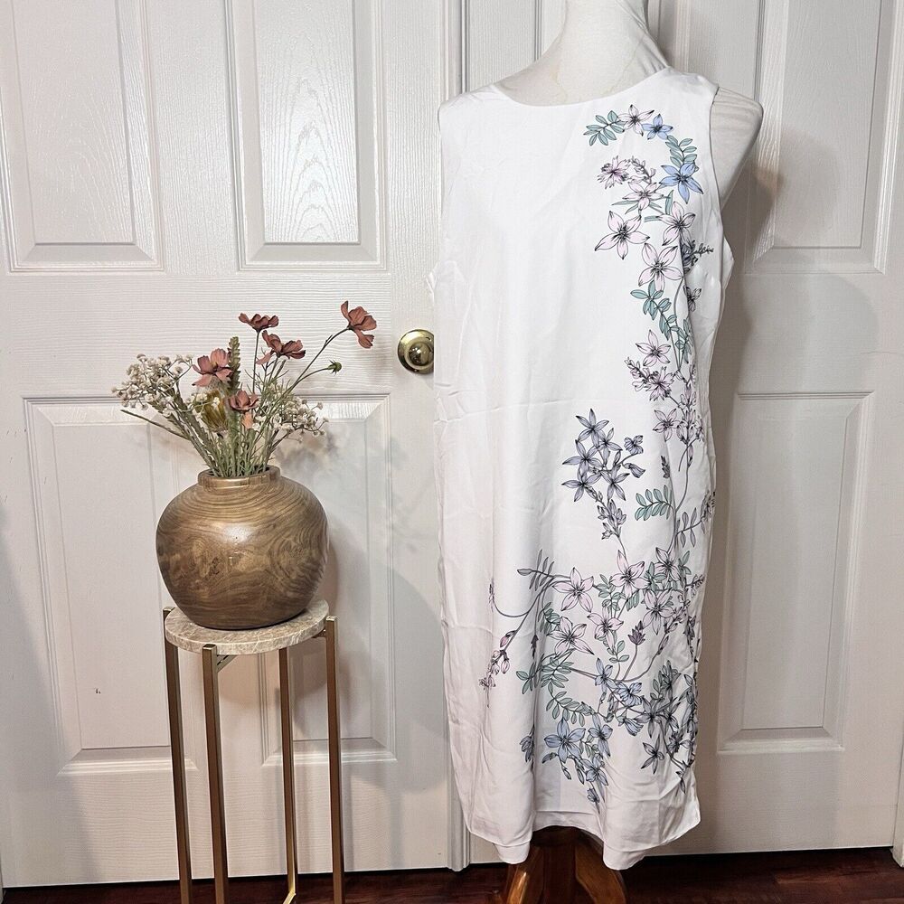 Vince Camuto Womens White Floral Shift Dress Sz L‎ Bridal Demure Garden Classic
